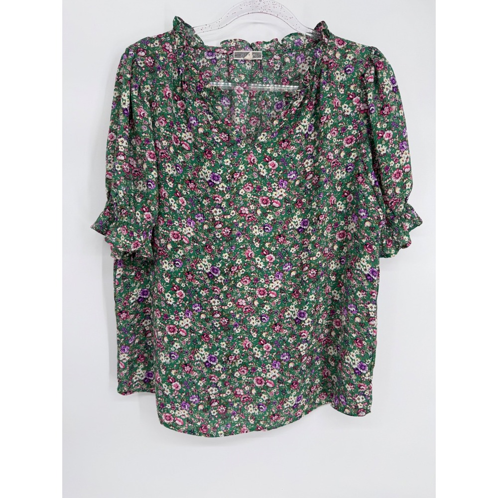 Pleione Green Pink Floral Ruffle Split V-Neck Blouse Womens Sz M